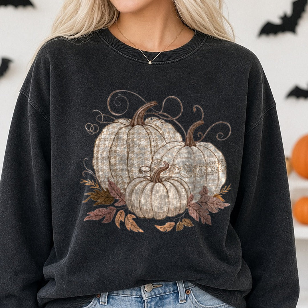 Halloween Fall Pumpkin Trio Neutral Houndstooth Lace DTF transfer shown on a Comfort Colors sweatshirt