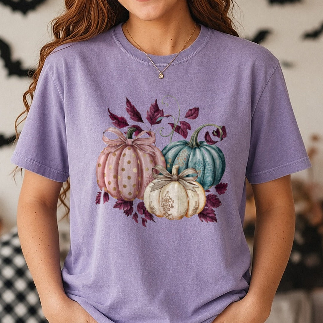 Halloween Fall Pumpkin Trio Mauve Teal Polka Dot DTF transfer shown on a Comfort Colors tee
