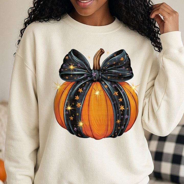 Halloween Fall Pumpkin Black Coquette Bow DTF transfer shown on a Comfort Colors sweatshirt