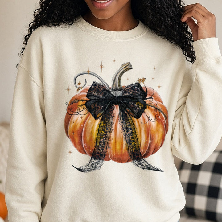Halloween Fall Pumpkin Black Coquette Bow Lace Sparkle DTF transfer shown on a Comfort Colors sweatshirt