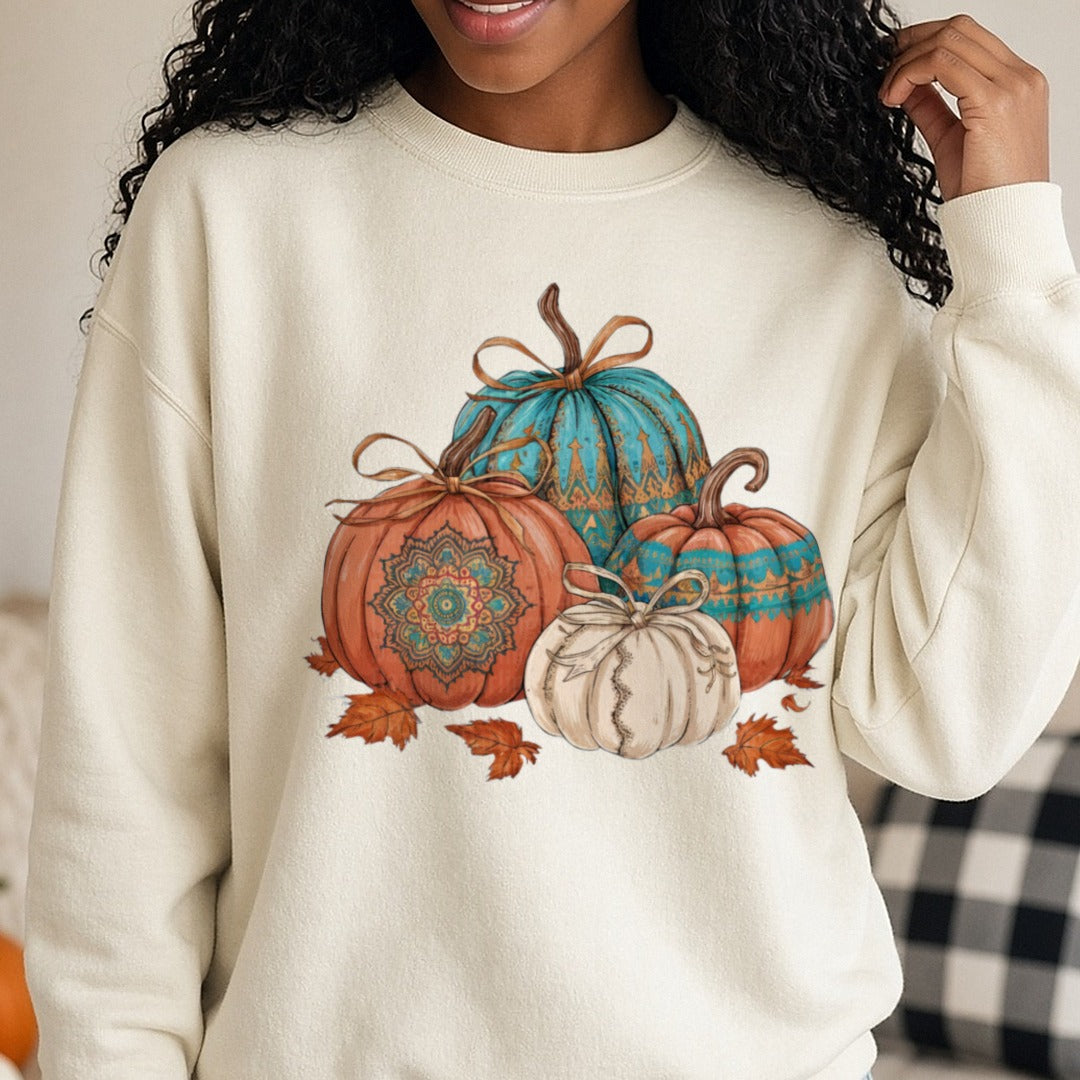 Halloween Fall Pumpkin Trio Western DTF transfer shown on a Comfort Colors sweatshirt