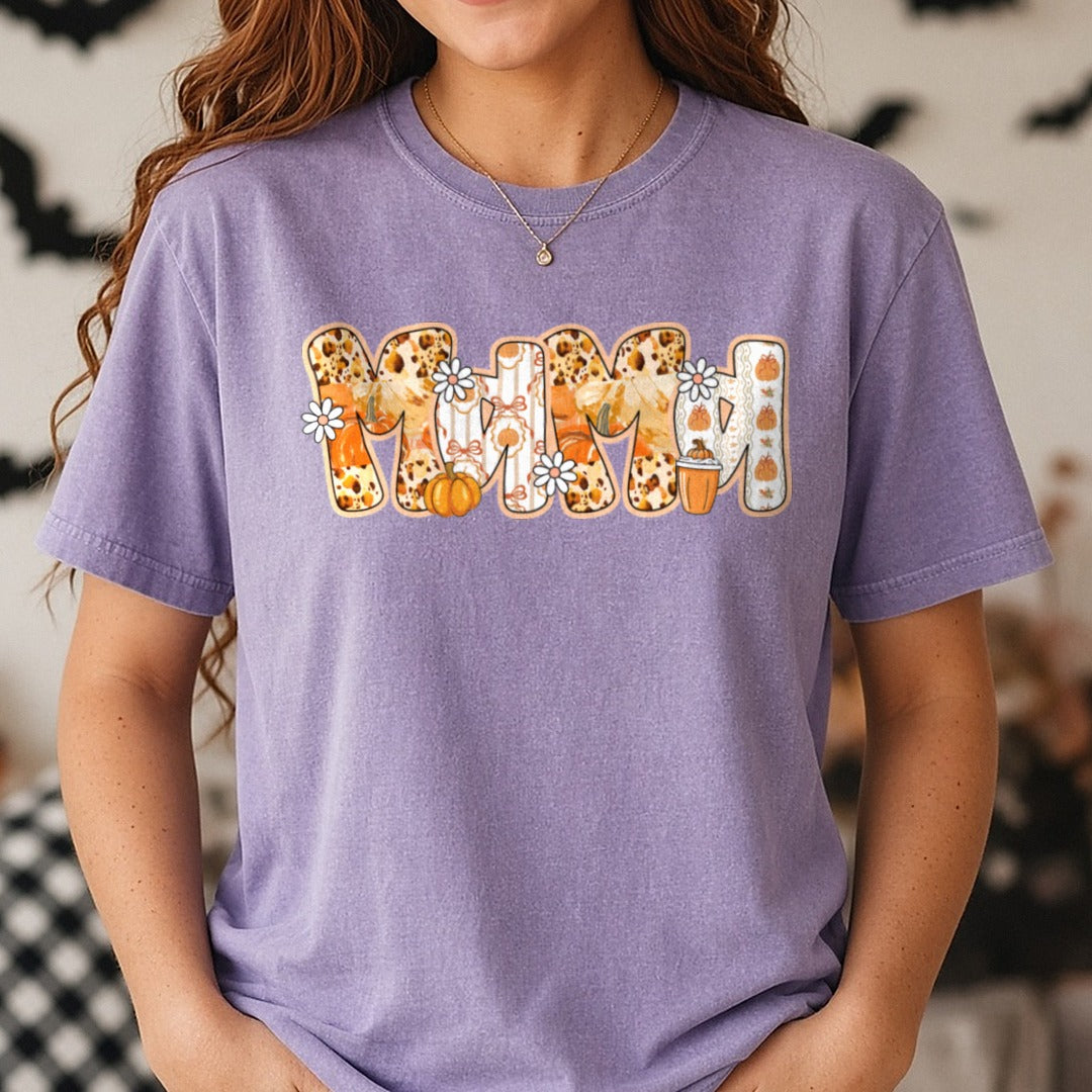 Halloween Fall Pumpkin Mama DTF transfer shown on a Comfort Colors tee