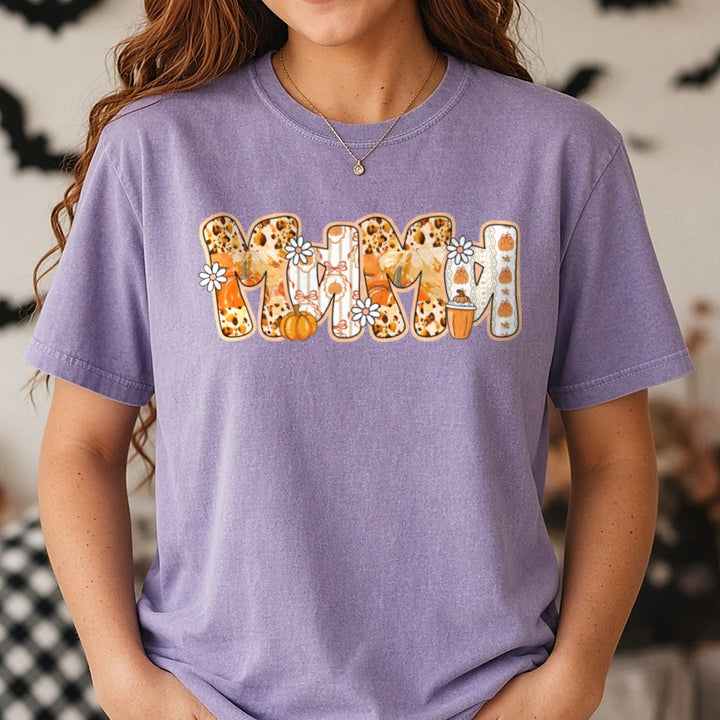 Halloween Fall Pumpkin Mama DTF transfer shown on a Comfort Colors tee