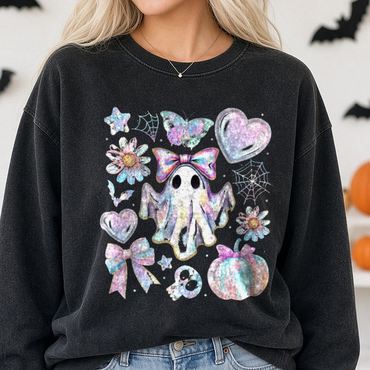 Halloween Fall Iredescent Ghost Coquette Bow DTF transfer shown on a Comfort Colors sweatshirt