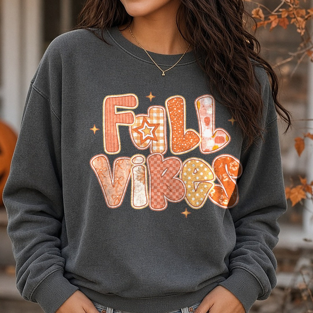 Halloween Fall Fall Vibes DTF transfer shown on a Comfort Colors sweatshirt
