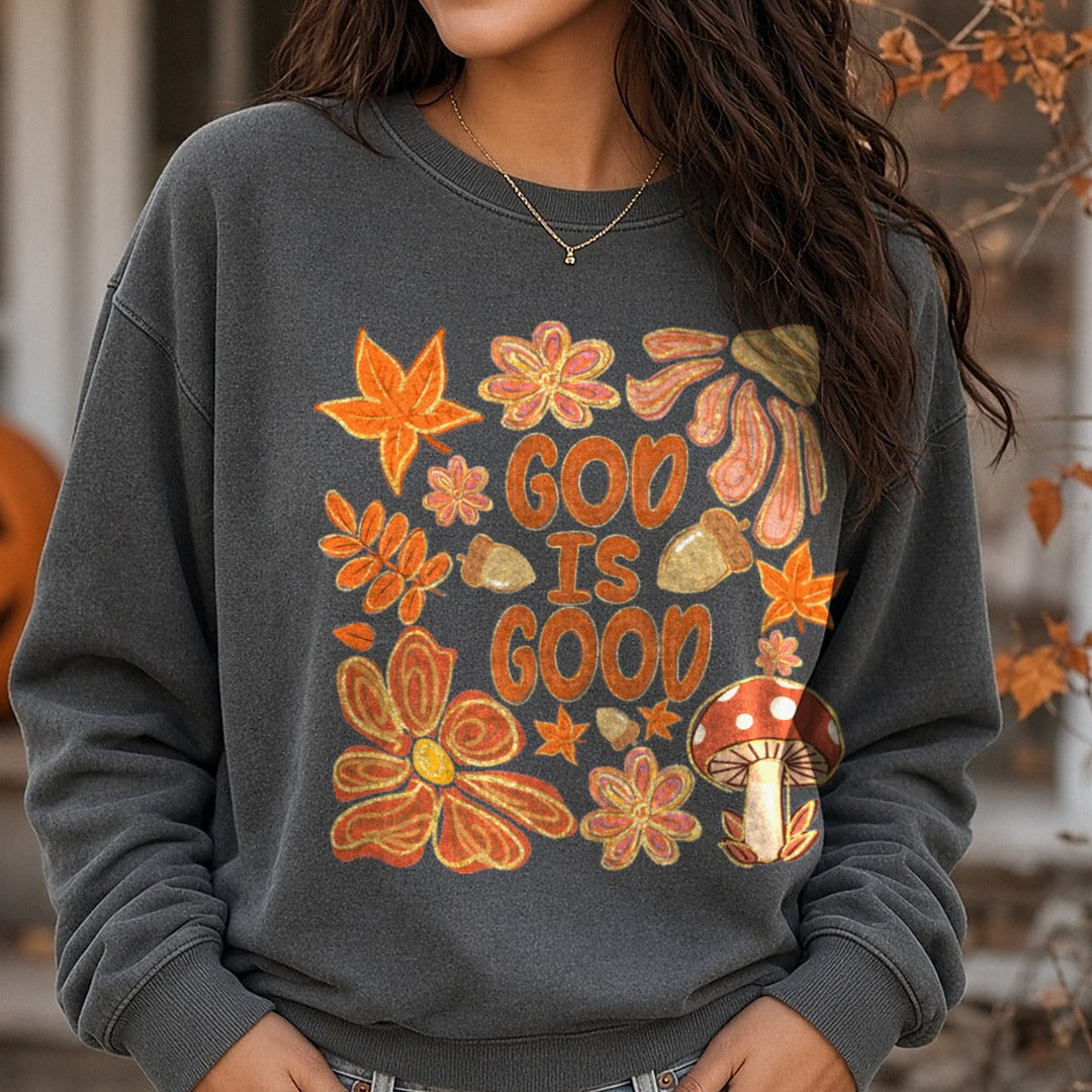 Halloween Fall Boho God Is Good DTF transfer shown on a Comfort Colors sweatshirt