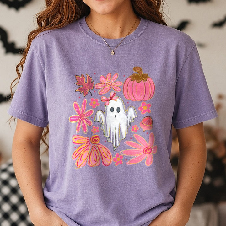 Halloween Fall Boho Pink Pumpkin Ghost DTF transfer shown on a Comfort Colors tee