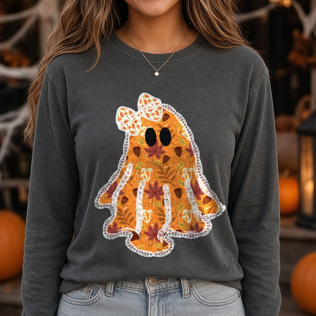 Halloween Fall Orange Ghost DTF transfer shown on a Comfort Colors long sleeve tee