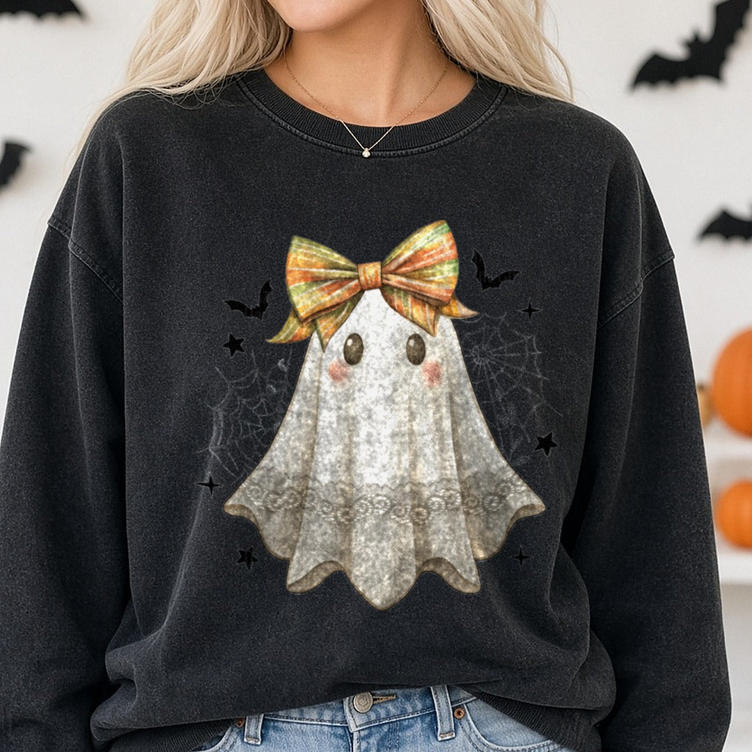 Halloween Fall Ghost with Coquette Bow DTF transfer shown on a Comfort Colors sweatshirt