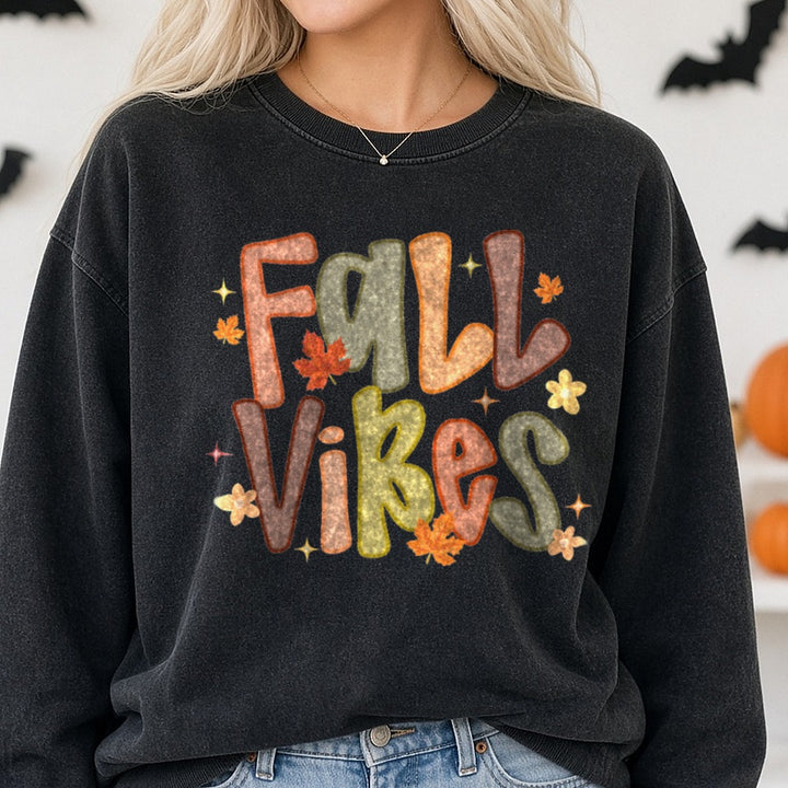 Halloween Fall Retro Fall Vibes DTF transfer shown on a Comfort Colors sweatshirt