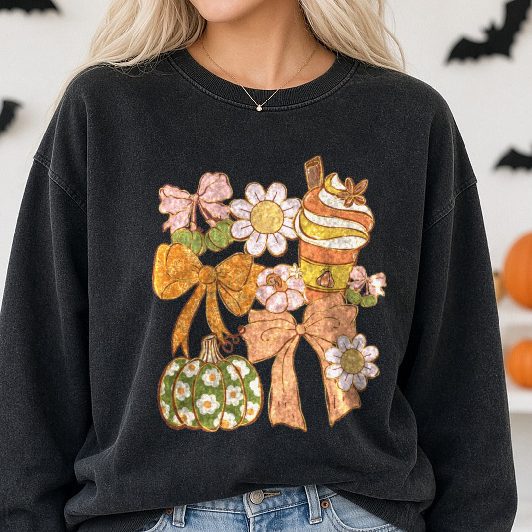 Halloween Fall Retro Coquette DTF transfer shown on a Comfort Colors sweatshirt