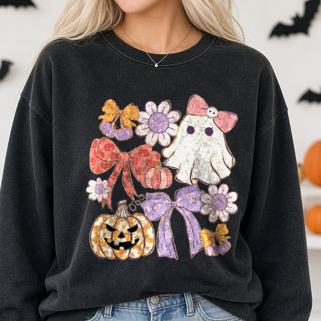 Halloween Fall Retro Coquette Ghost DTF transfer shown on a Comfort Colors sweatshirt