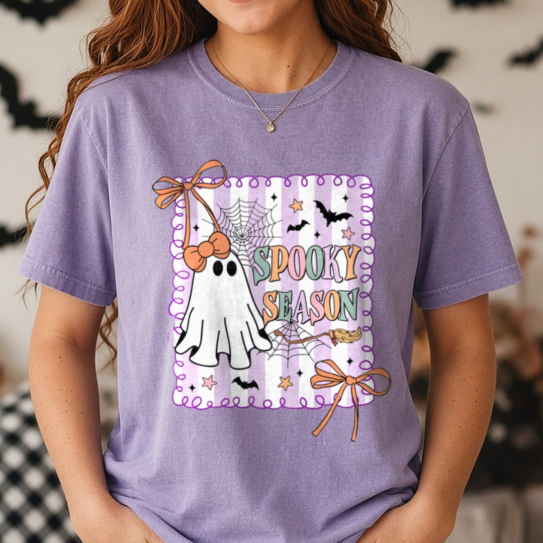 Halloween Fall Preppy Spooky Season DTF transfer shown on a Comfort Colors tee
