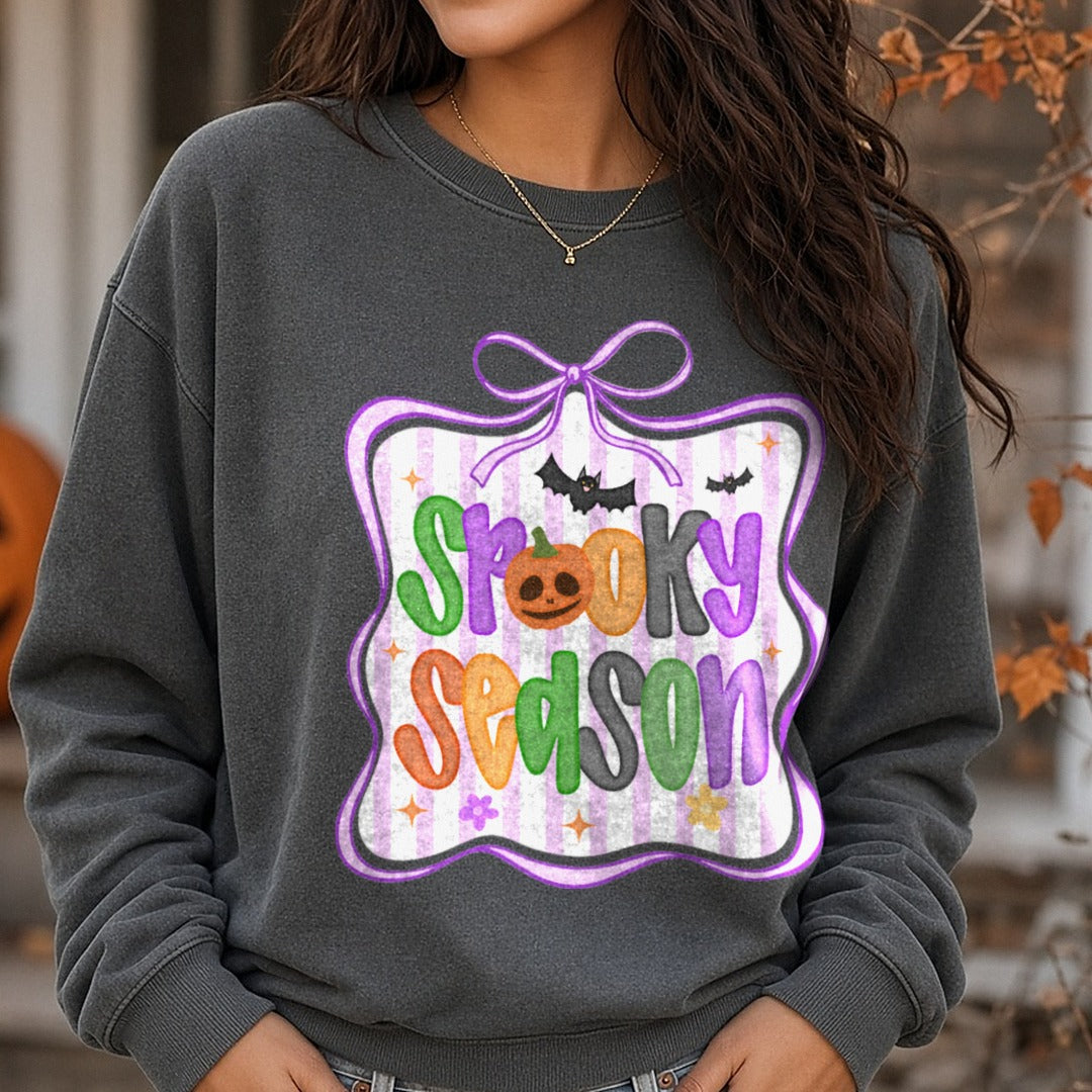 Halloween Fall Preppy Spooky Season Coquette DTF transfer shown on a Comfort Colors sweatshirt