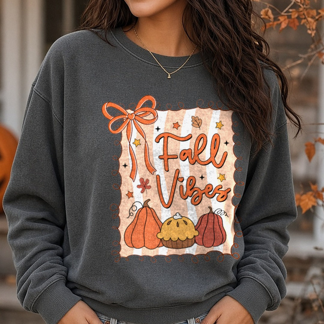 Halloween Fall Preppy Fall Vibes DTF transfer shown on a Comfort Colors sweatshirt