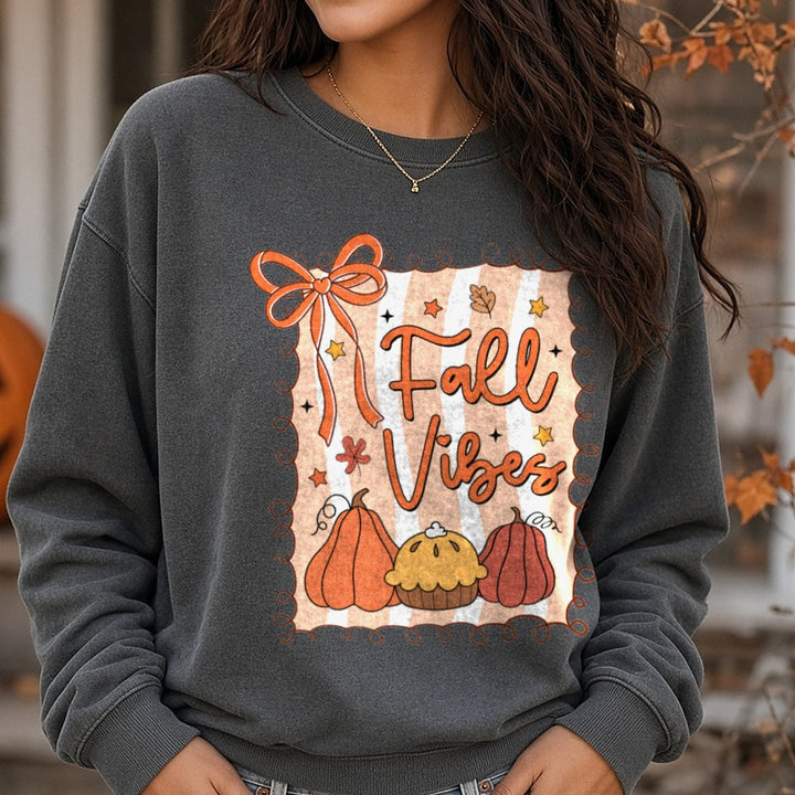 Halloween Fall Preppy Fall Vibes DTF transfer shown on a Comfort Colors sweatshirt