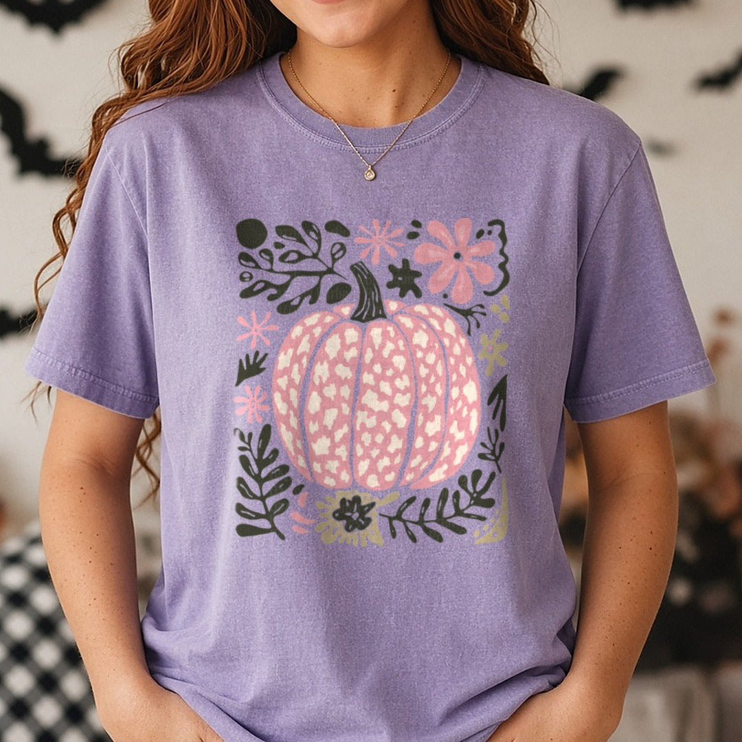 Halloween Fall Leopard Pink Pumpkin DTF transfer shown on a Comfort Colors tee