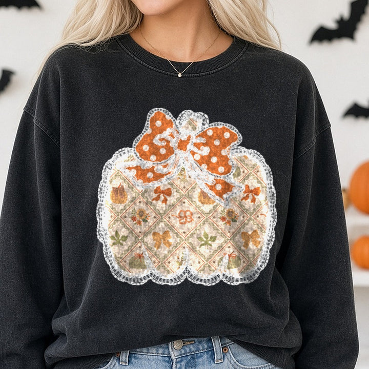 Halloween Fall Lace Fall Pumpkin DTF transfer shown on a Comfort Colors sweatshirt