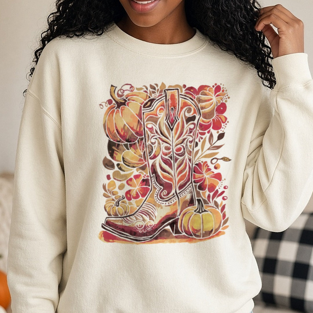 Halloween Fall Wester Fall Boot DTF transfer shown on a Comfort Colors sweatshirt