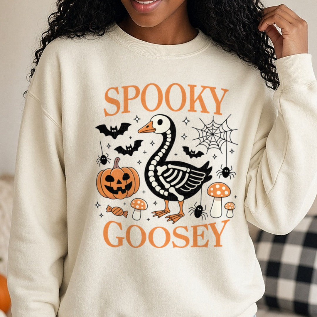 Halloween Fall Spooky Goosey Goose DTF transfer shown on a Comfort Colors sweatshirt