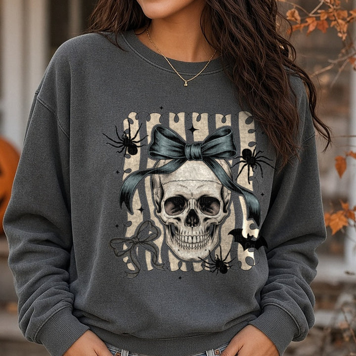 Halloween Fall Preppy Skeleton Coquette Bow DTF transfer shown on a Comfort Colors sweatshirt