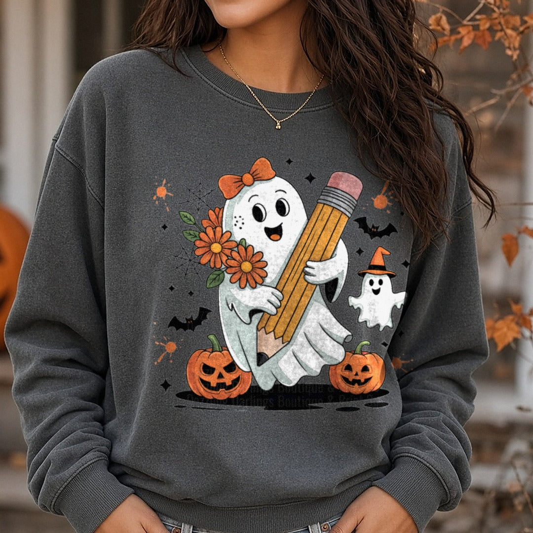 Halloween Fall Ghost Pencil Back to School DTF transfer shown on a Comfort Colors sweatshirt