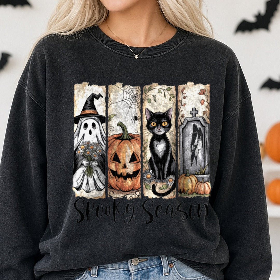 Halloween Fall Spooky Season Brush Strokes DTF transfer shown on a Comfort Colors sweatshirt