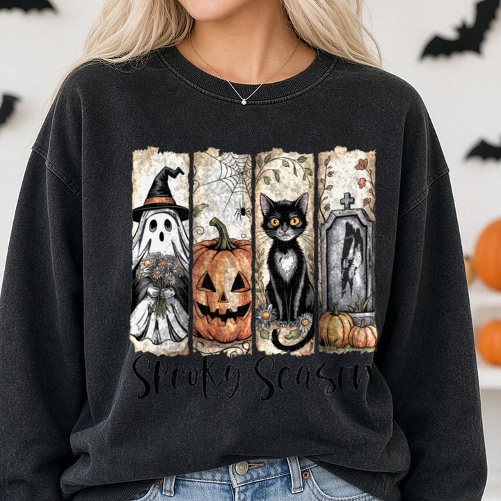 Halloween Fall Spooky Season Brush Strokes DTF transfer shown on a Comfort Colors sweatshirt