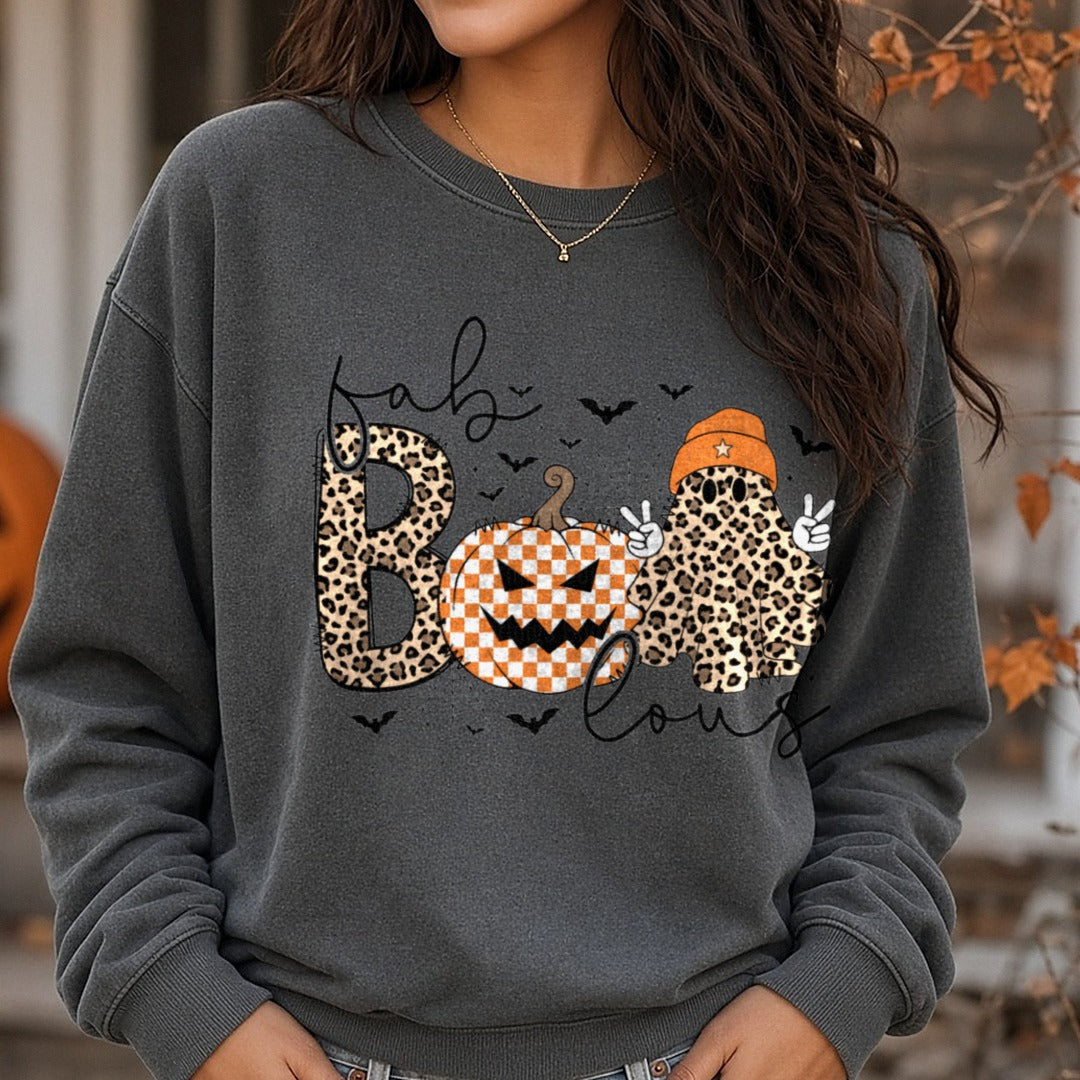 Halloween Fall Fab BOO Lous DTF transfer shown on a Comfort Colors sweatshirt