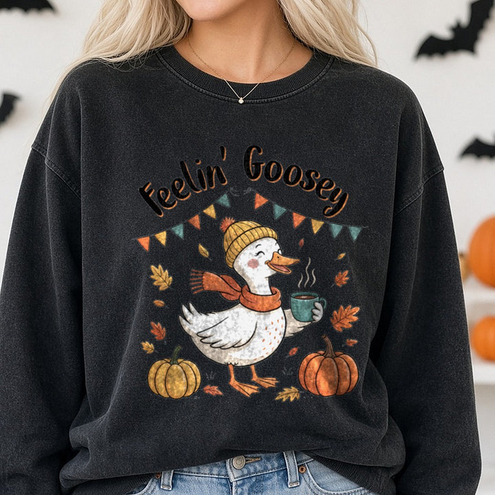 Halloween Fall Feelin' Goosey DTF transfer shown on a Comfort Colors sweatshirt