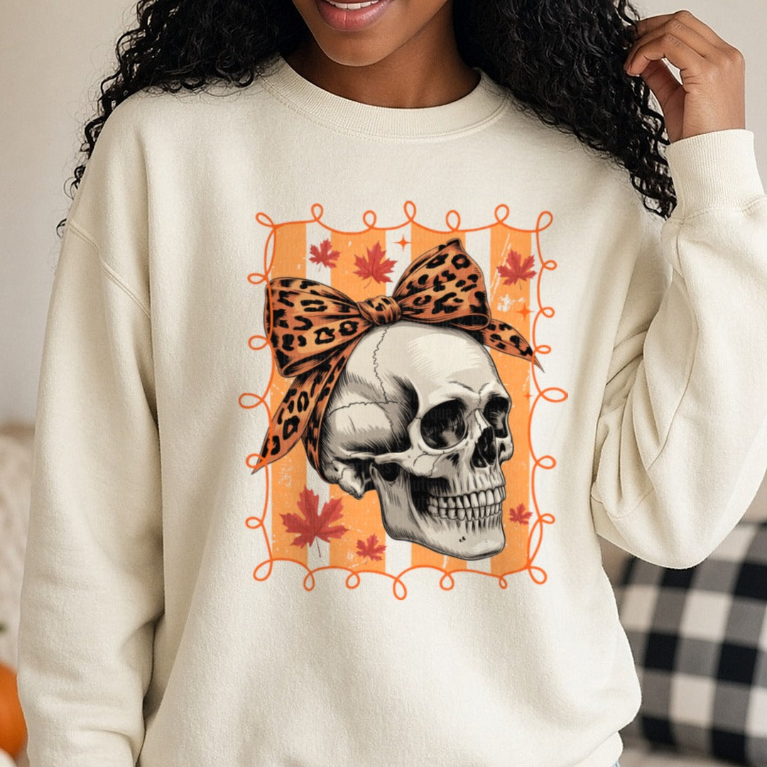 Halloween Fall Preppy Skeleton Coquette DTF transfer shown on a Comfort Colors sweatshirt