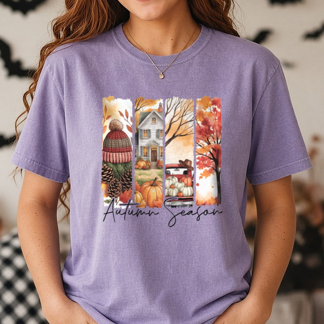 Halloween Fall Cozy Autumn Season Brush Stroke DTF transfer shown on a Comfort Colors tee