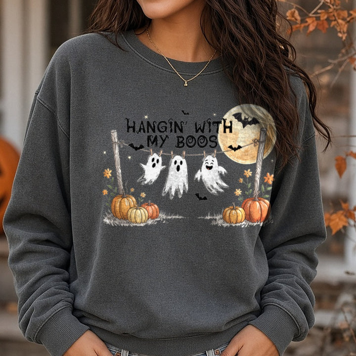 Halloween Fall Hangin' with My Boos DTF transfer shown on a Comfort Colors sweatshirt