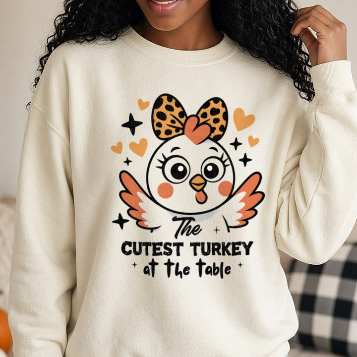 Halloween Fall Cutest Turkey at the Table Thanksgiving DTF transfer shown on a Comfort Colors sweatshirt