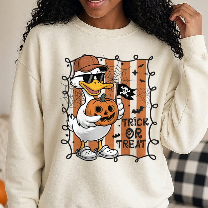 Halloween Fall Trick or Treat Preppy Duck Goose DTF transfer shown on a Comfort Colors sweatshirt