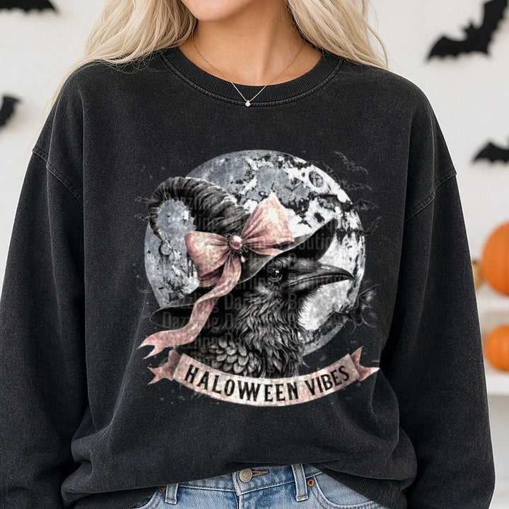 Halloween Fall Halloween Vibes DTF transfer shown on a Comfort Colors sweatshirt