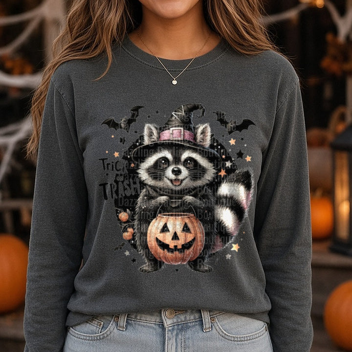 Halloween Fall Raccoon Trick or Trash DTF transfer shown on a Comfort Colors long sleeve tee