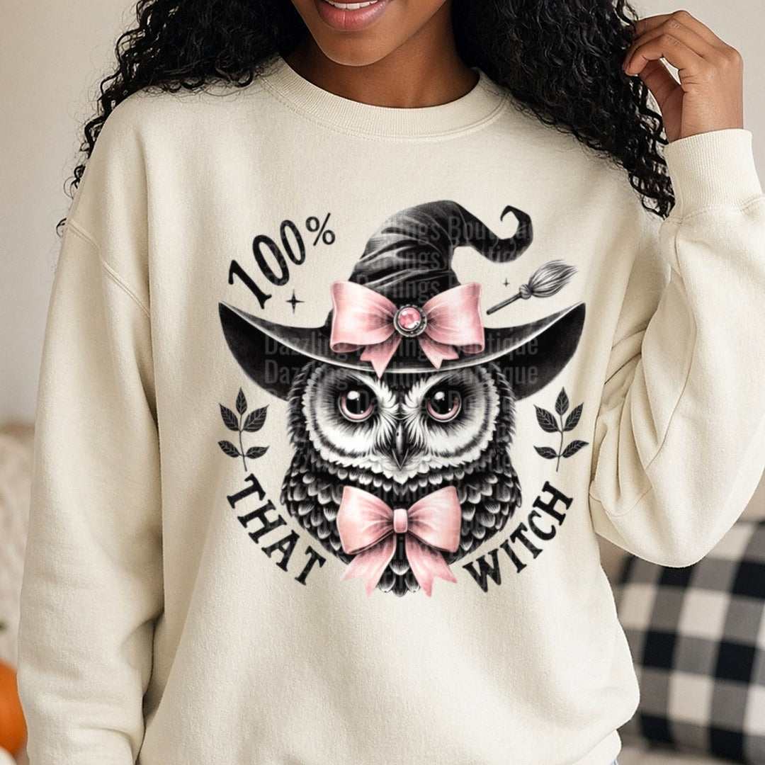 Halloween Fall 100% That Witch DTF transfer shown on a Comfort Colors sweatshirt