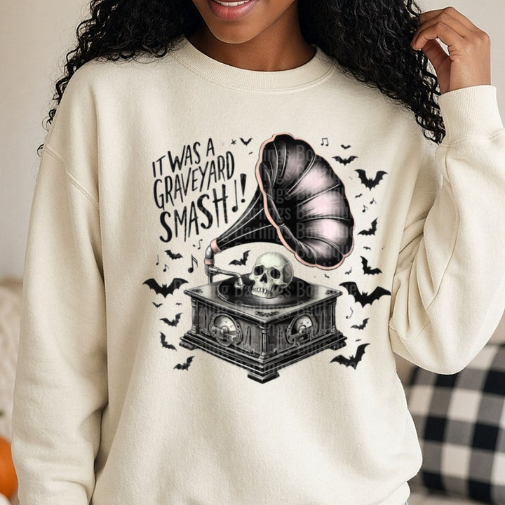 Halloween Fall It Was a Graveyard Smash DTF transfer shown on a Comfort Colors sweatshirt