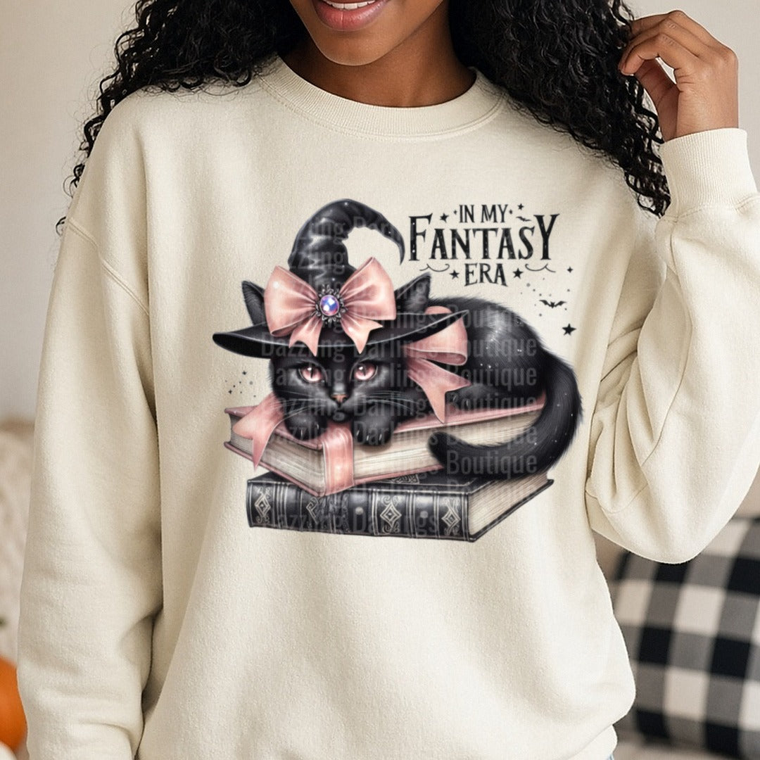 Halloween Fall in My Fantasy Era Black Cat DTF transfer shown on a Comfort Colors sweatshirt