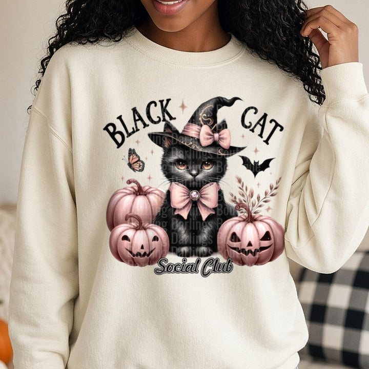 Halloween Fall Black Cat Social Club DTF transfer shown on a Comfort Colors sweatshirt