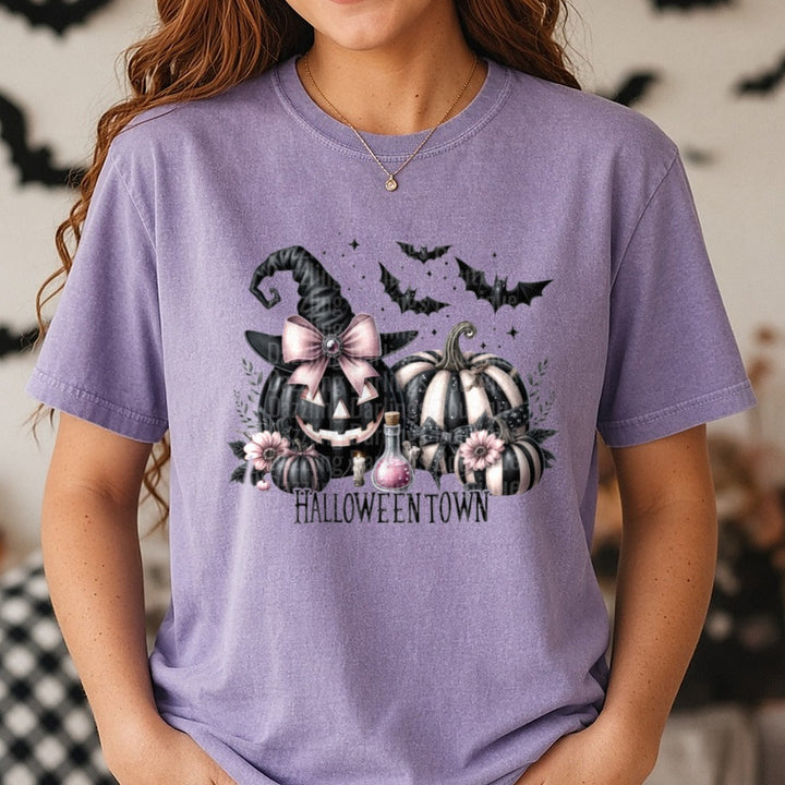 Halloween Fall Halloweentown DTF transfer shown on a Comfort Colors tee