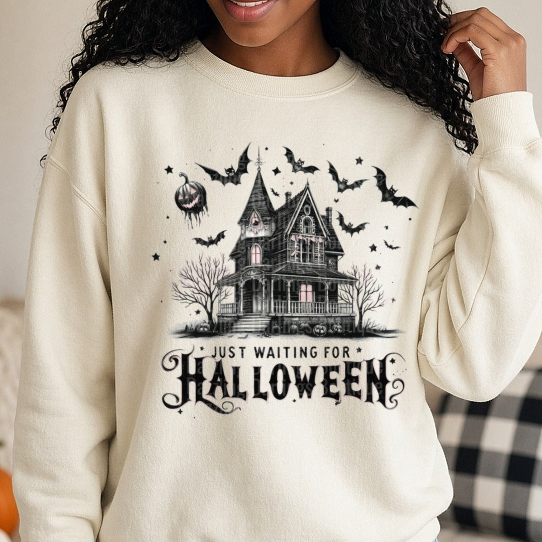 Halloween Fall Just Waiting for Halloween DTF transfer shown on a Comfort Colors sweatshirt