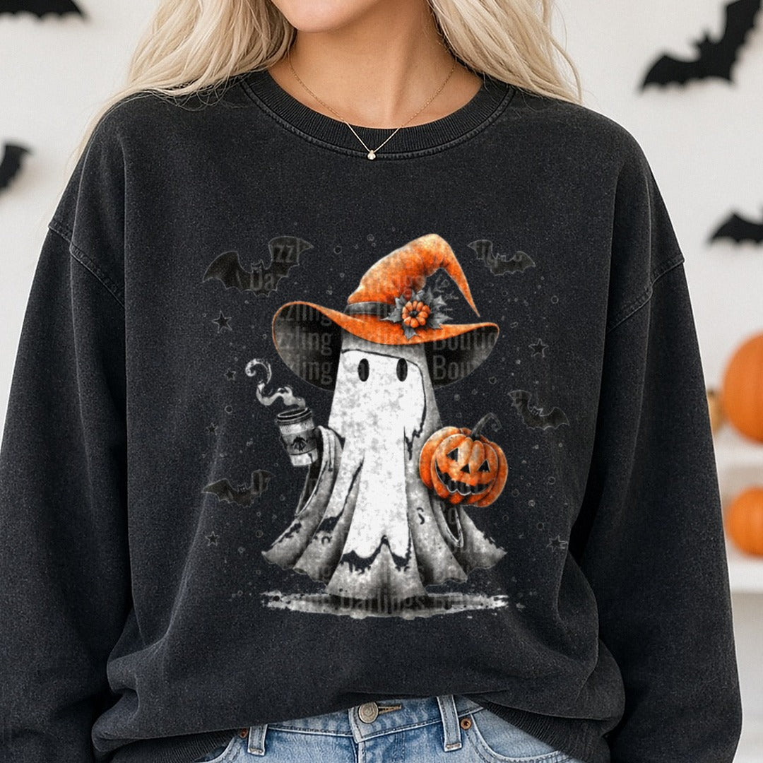 Halloween Fall Ghost Pumpkin Orange Witch Hat Coffee DTF transfer shown on a Comfort Colors sweatshirt