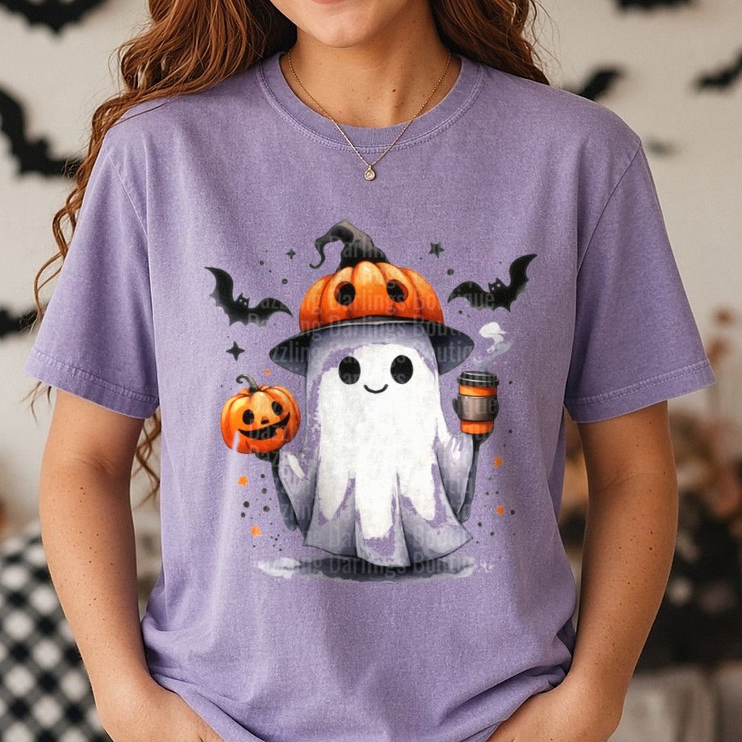 Halloween Fall Ghost Pumpkin Pumpkin Hat Smiling DTF transfer shown on a Comfort Colors tee