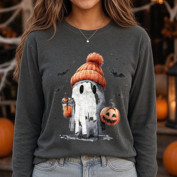 Halloween Fall Ghost Pumpkin Orange Beanie Iced Drink DTF transfer shown on a Comfort Colors long sleeve tee
