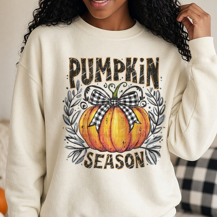 Halloween Fall Pumpkin Season DTF transfer shown on a Comfort Colors sweatshirt