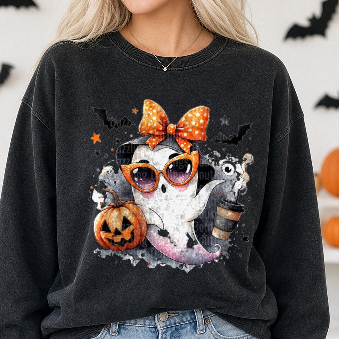 Halloween Fall Ghost Pumpkin Polka Dot Bow Purple Glasses DTF transfer shown on a Comfort Colors sweatshirt