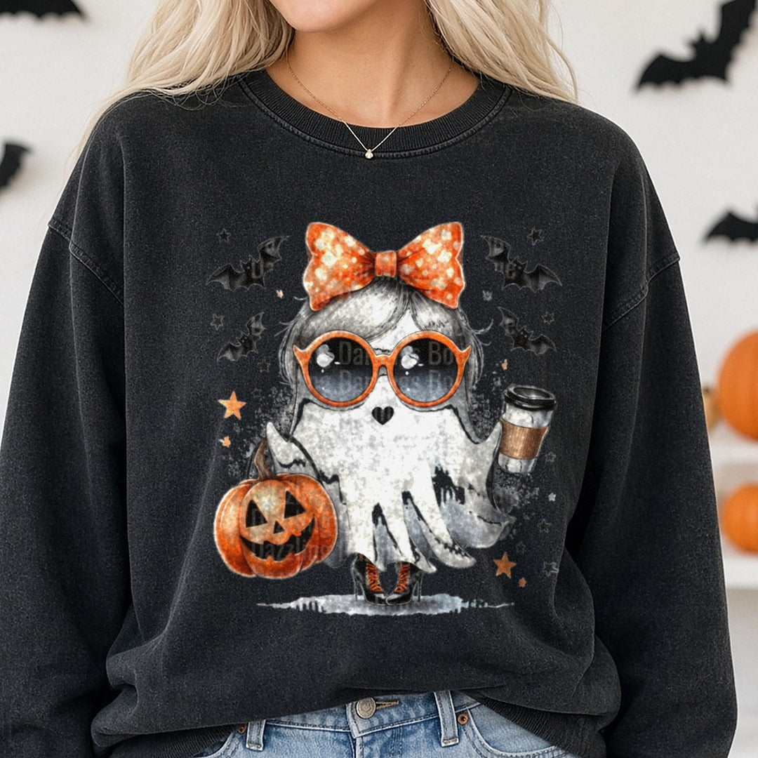 Halloween Fall Ghost Pumpkin Polka Dot Bow Orange Glasses DTF transfer shown on a Comfort Colors sweatshirt