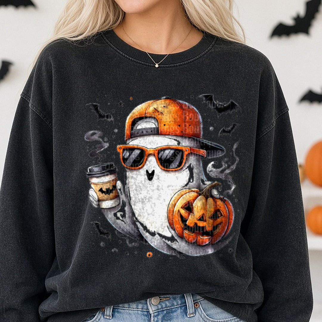 Halloween Fall Ghost Pumpkin Orange Cap Sunglasses DTF transfer shown on a Comfort Colors sweatshirt